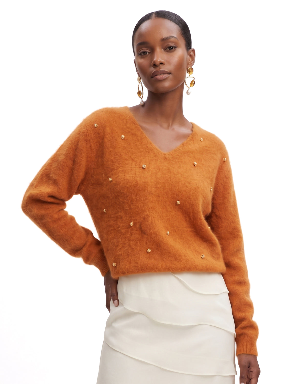 Embellished V-Neck Fuzzy Sweater - Burnt Caramel