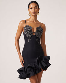 Flower Embroidered Spaghetti Strap Asymmetric Ruffle Mini Dress - Black