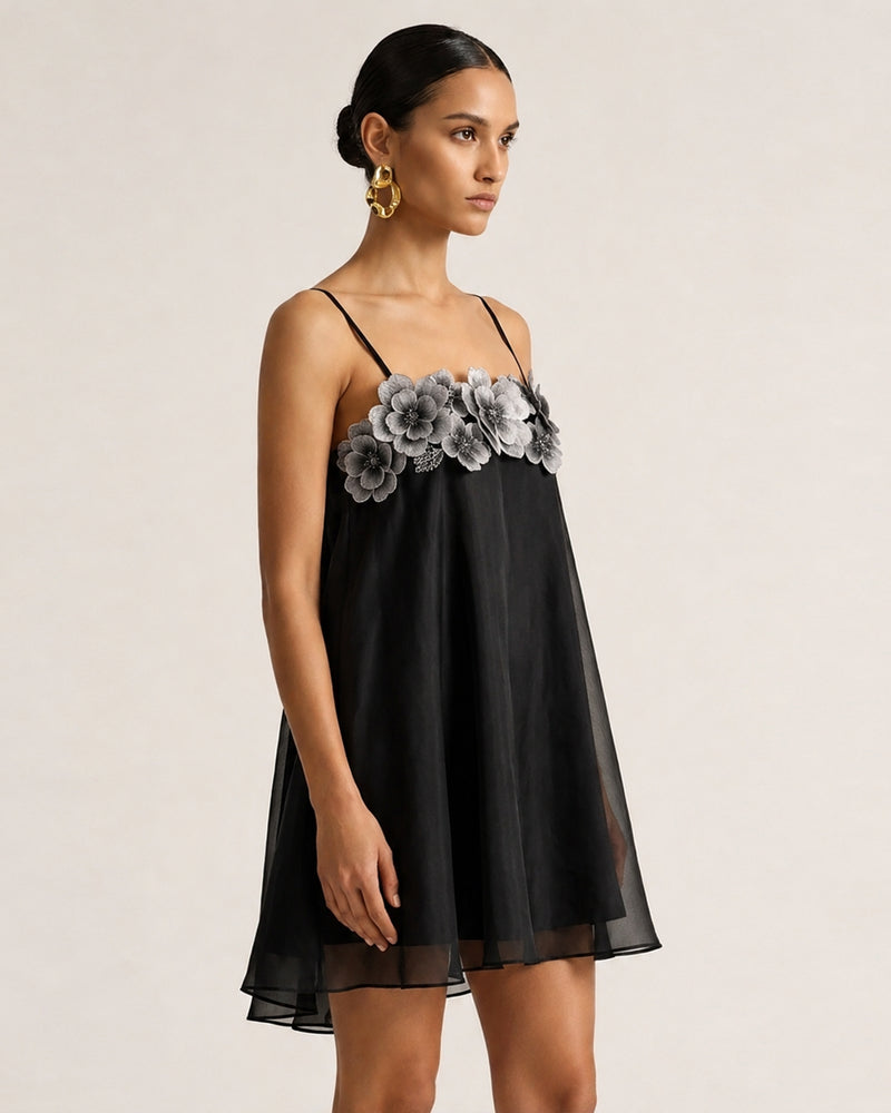 Floral Embroidered Sheer Swing Dress - Black