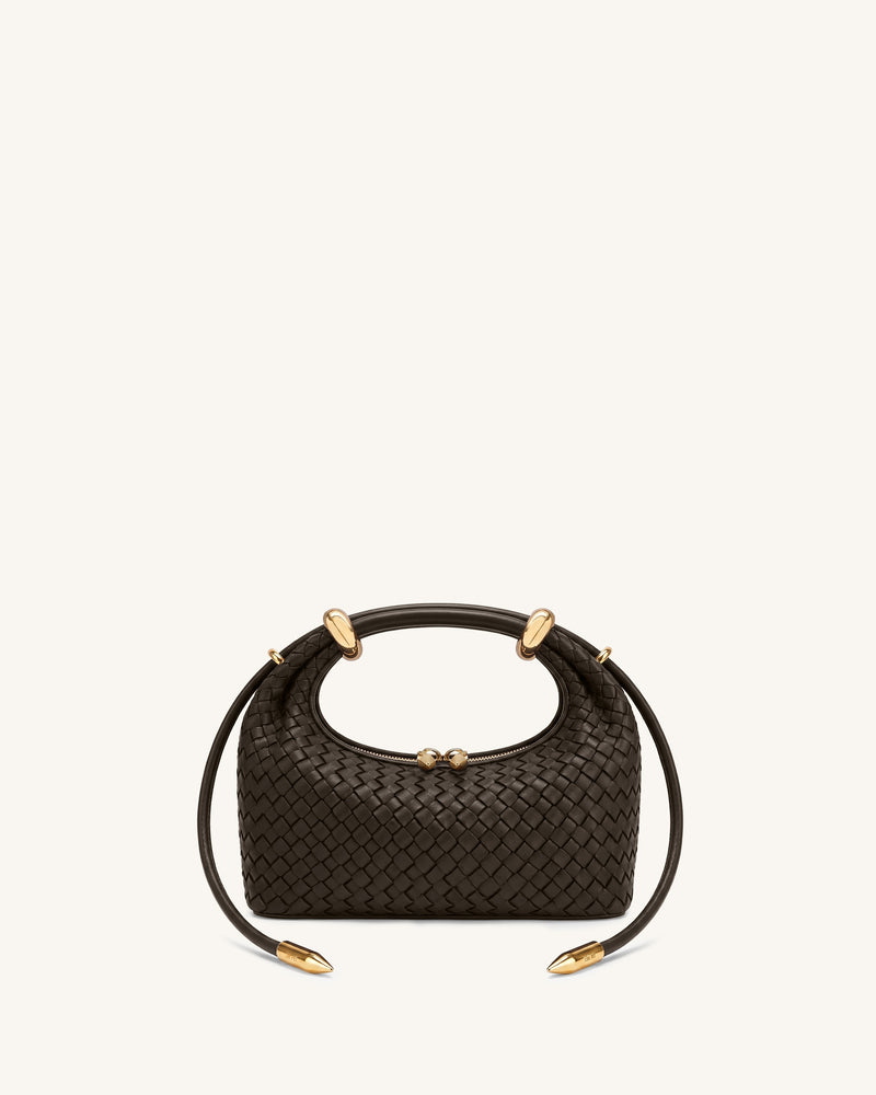 Ellie Woven Metal Ring Embellished Top Handle Bag - Dark Brown