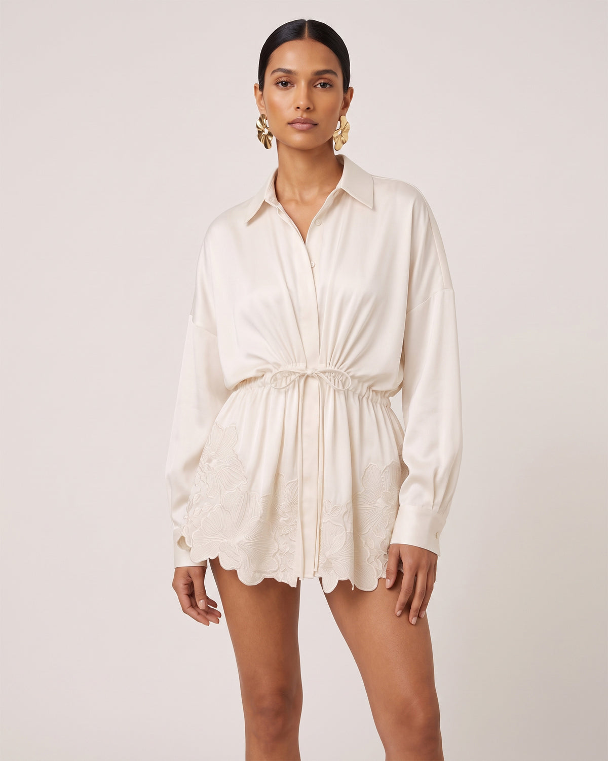 Orchid-Embroidered Drawstring-Waist Shirt Dress - Ivory White