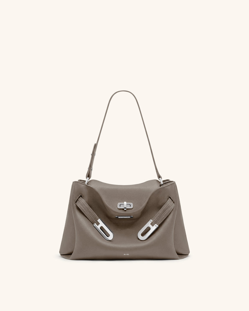 Rhea Pebbled Double Buckle Shoulder Bag - Khaki Gray