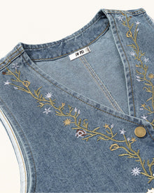 Botanical Vine Embroidered Denim Vest - Light Wash