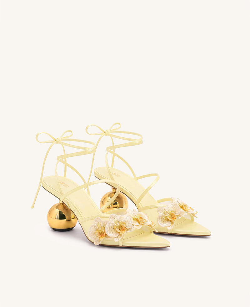 Celia Orchid Embroidered Sphere Heel Lace-Up Sandals - Yellow