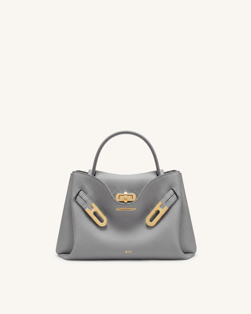 Rhea Small Pebbled Double Buckle Shoulder Bag - Light Gray