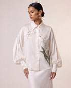 Satin Orchid-Embroidered Puff-Sleeve Shirt - White