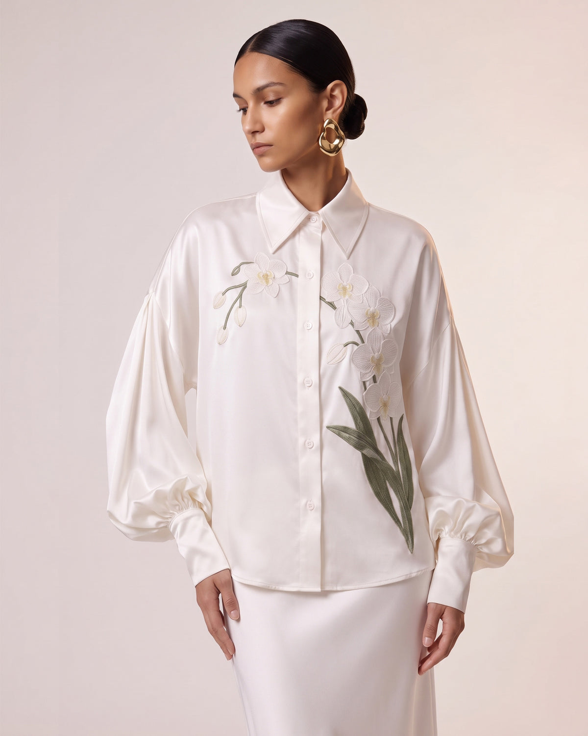 Satin Orchid-Embroidered Puff-Sleeve Shirt - White
