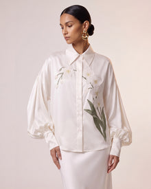 Satin Orchid-Embroidered Puff-Sleeve Shirt - White