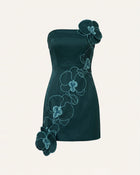 Orchid Embroidered Floral Appliqué Strapless Mini Dress - Dark Green