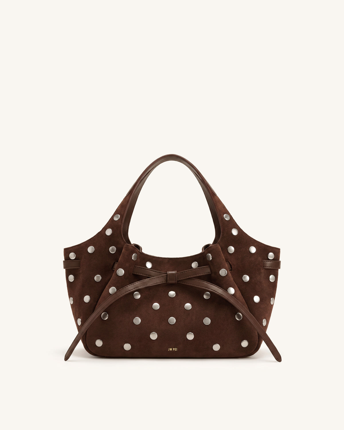 Mabel Faux Suede Studded Soft Bow Tote Bag - Dark Brown