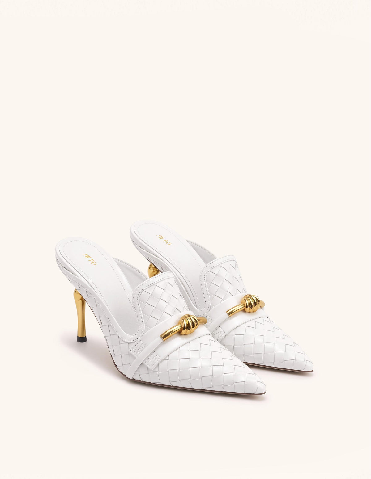 Lena Metal Rope Knot Woven Pointed Toe Mules - White