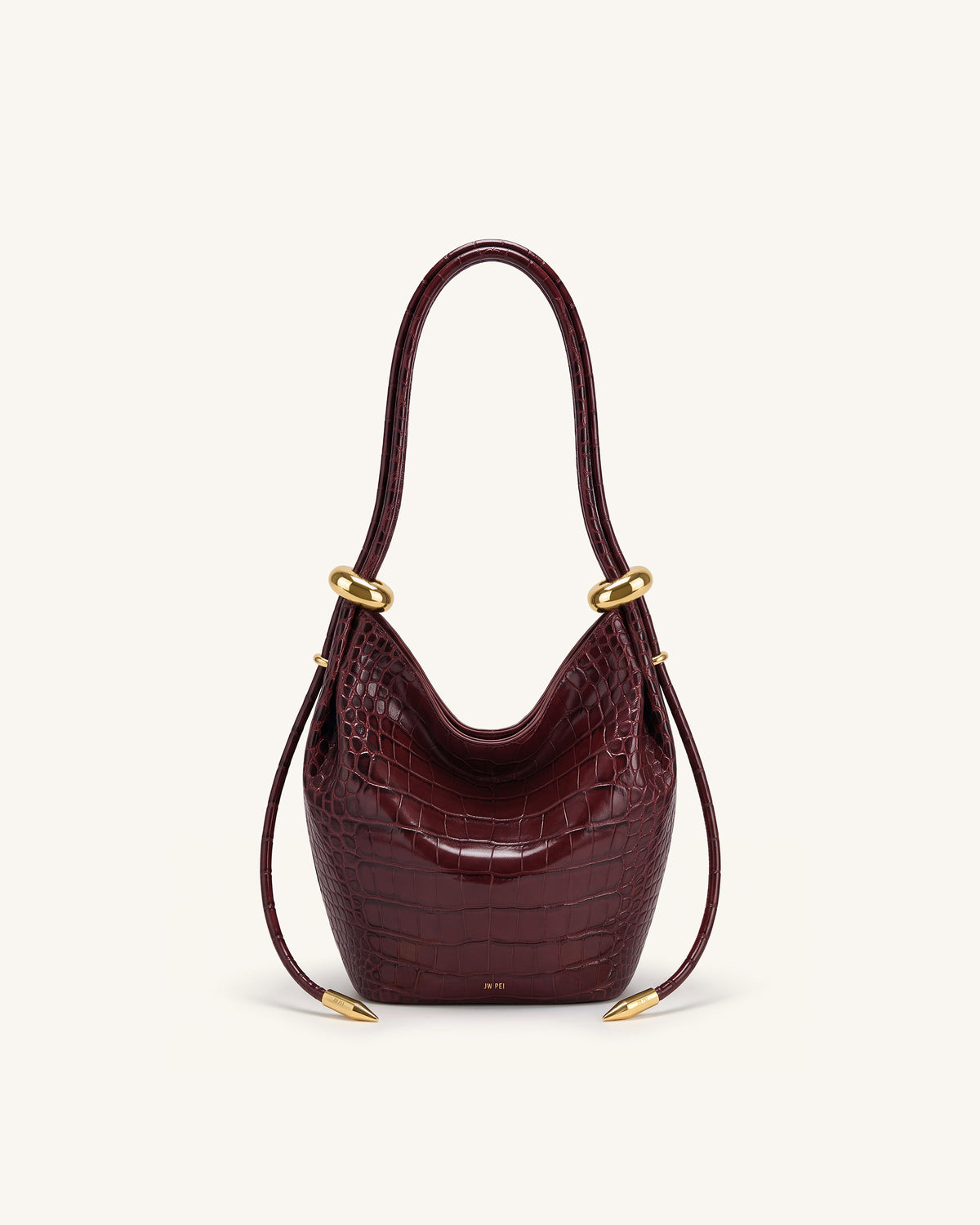 Ellie Metal Ring Embellished Bucket Bag - Burgundy Croc