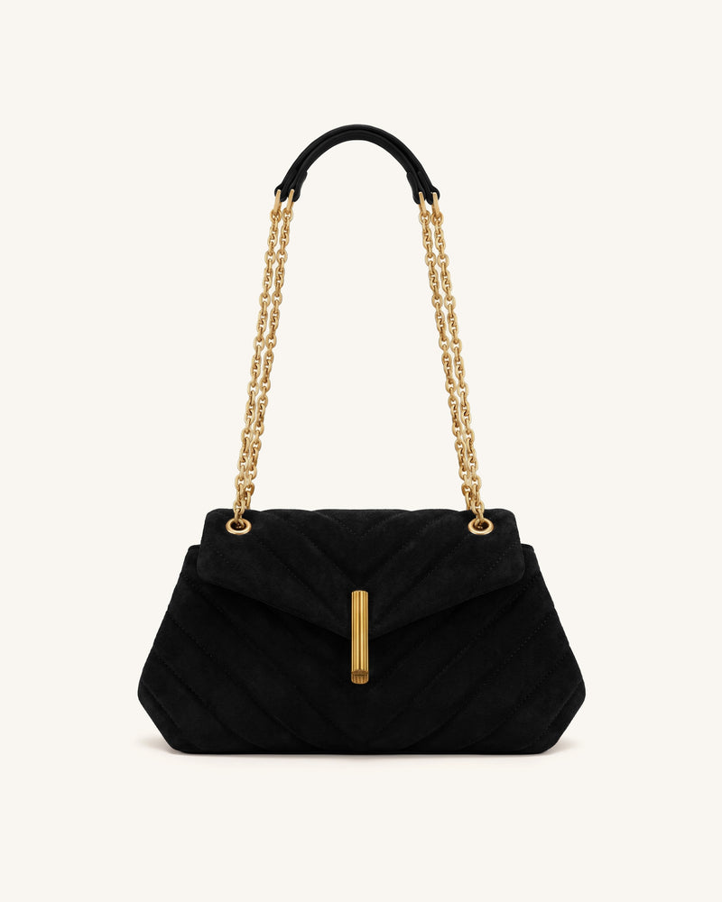 Valerie Faux Suede Quilted Chain Flap Shoulder Bag - Black