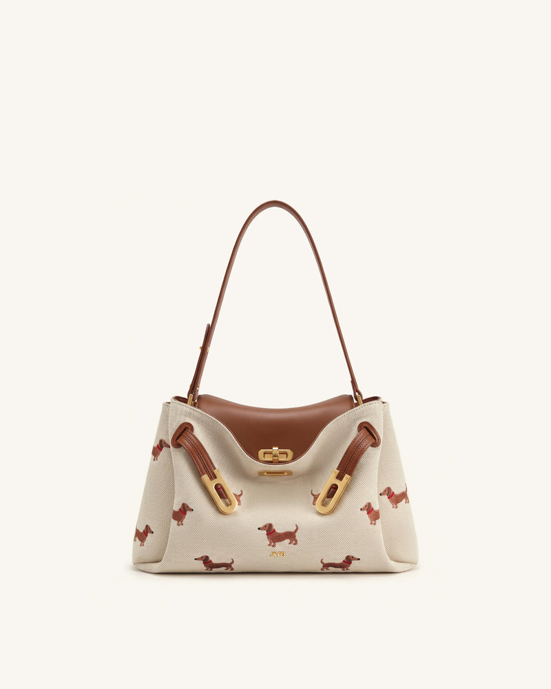 Rhea Dachshund Embroidered Double Buckle Shoulder Bag - Brown Canvas
