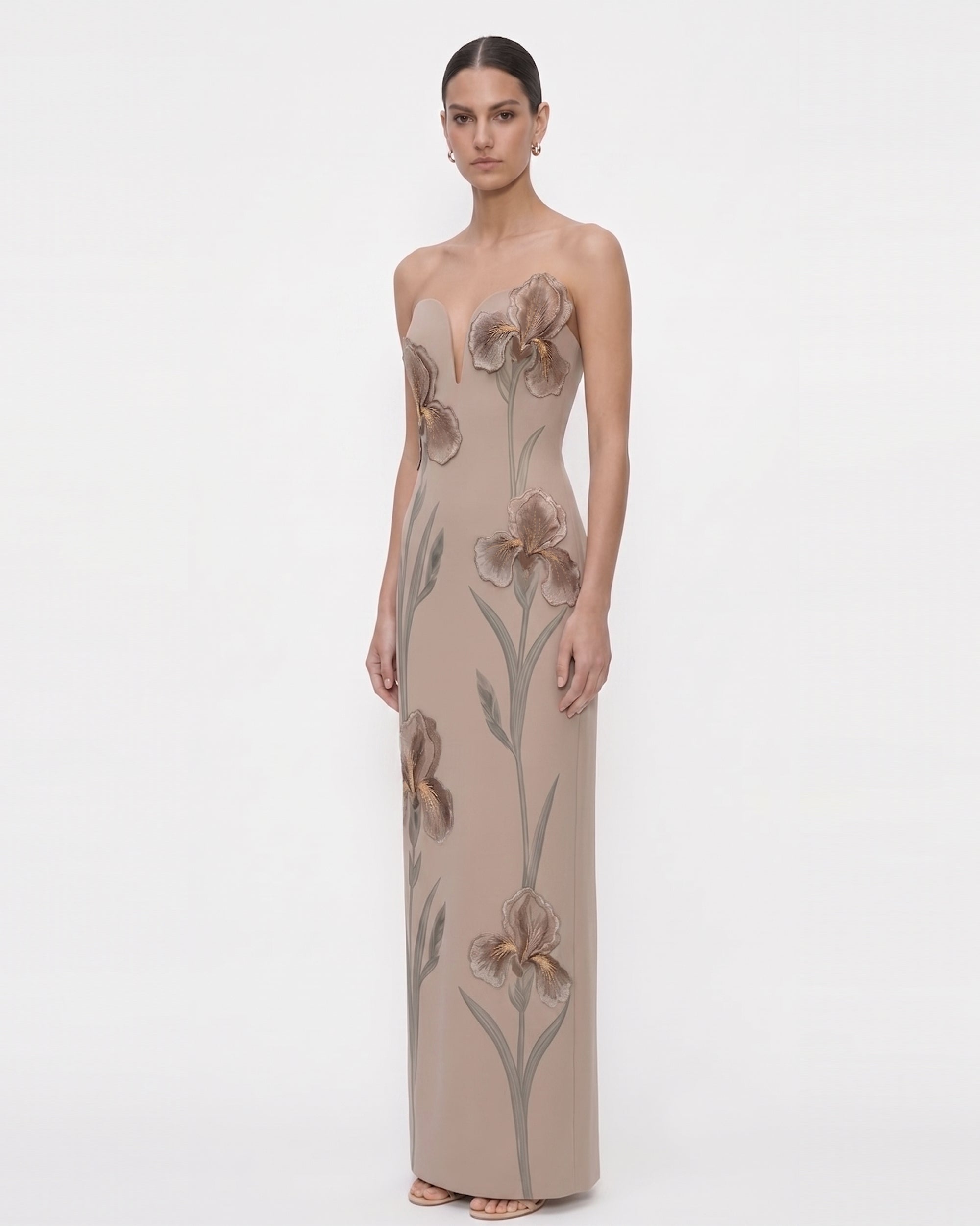 Iris Embroidered 
Notch Neck Strapless
 Maxi Dress - Taupe