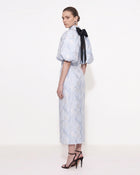 Floral Jacquard Bow-Back Puff-Sleeve Midi Dress - Light Blue