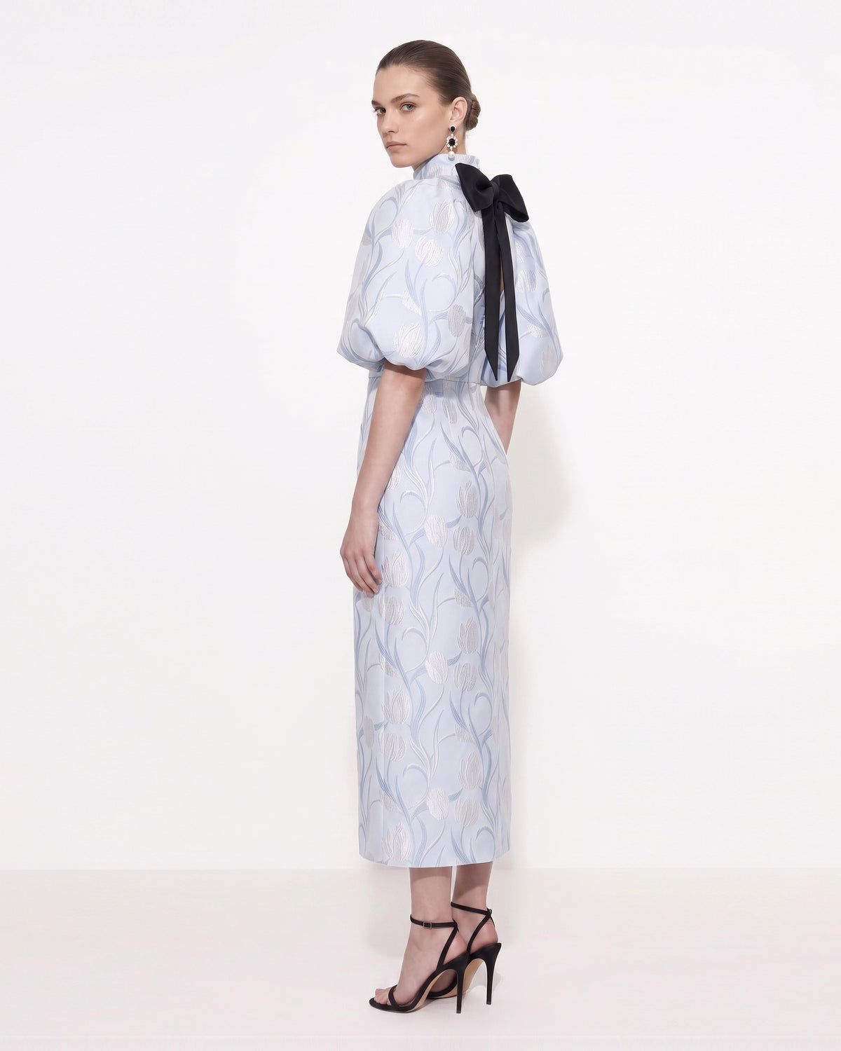 Floral Jacquard Bow-Back Puff-Sleeve Midi Dress - Light Blue