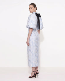 Floral Jacquard Bow-Back Puff-Sleeve Midi Dress - Light Blue