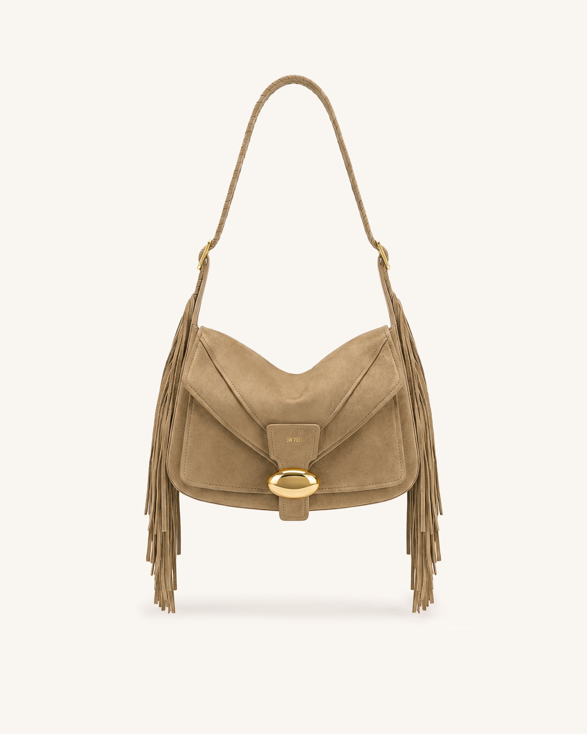 Avery Fringe Faux Suede Shoulder Bag - Khaki