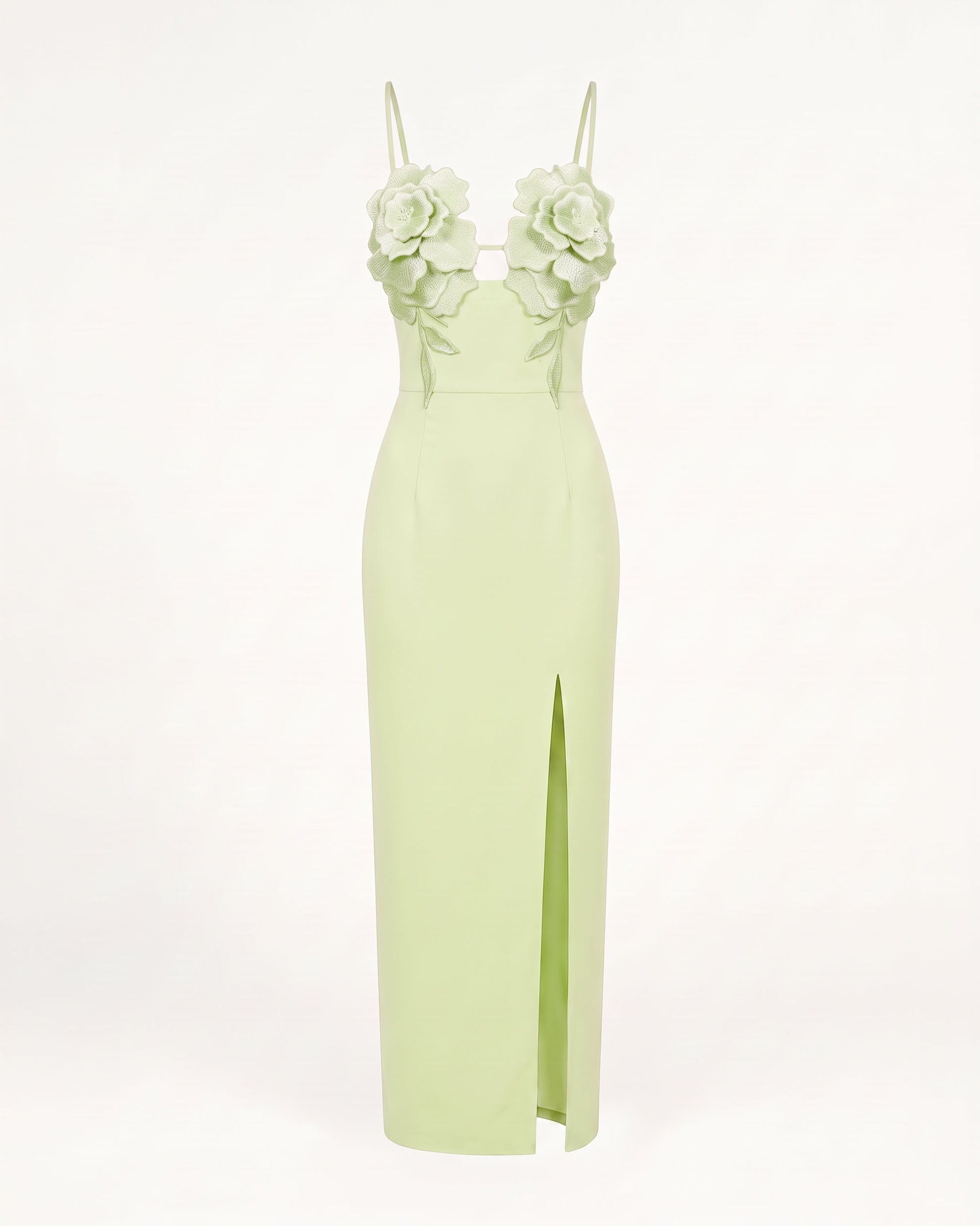 3D Floral Slit Maxi Dress - Light Green