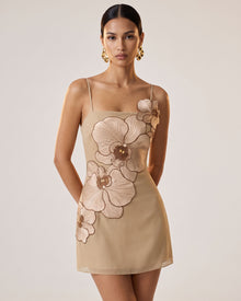 Orchid Appliqué Mini Dress - Mocha Brown
