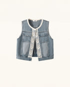 Bohemian Lace Trimmed Denim Vest - Light Wash