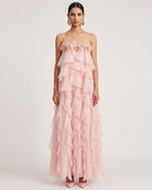 Floral Trim Layered Ruffle Spaghetti Strap Maxi Dress - Blush Pink