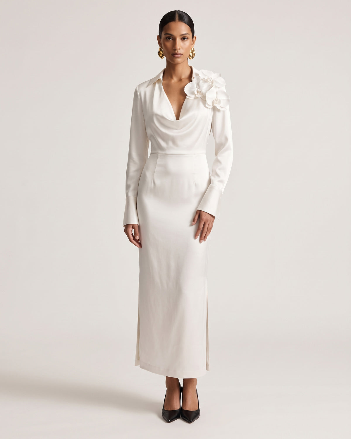 Orchid Embellished Cowl-Neck Long-Sleeve Maxi Dress - White