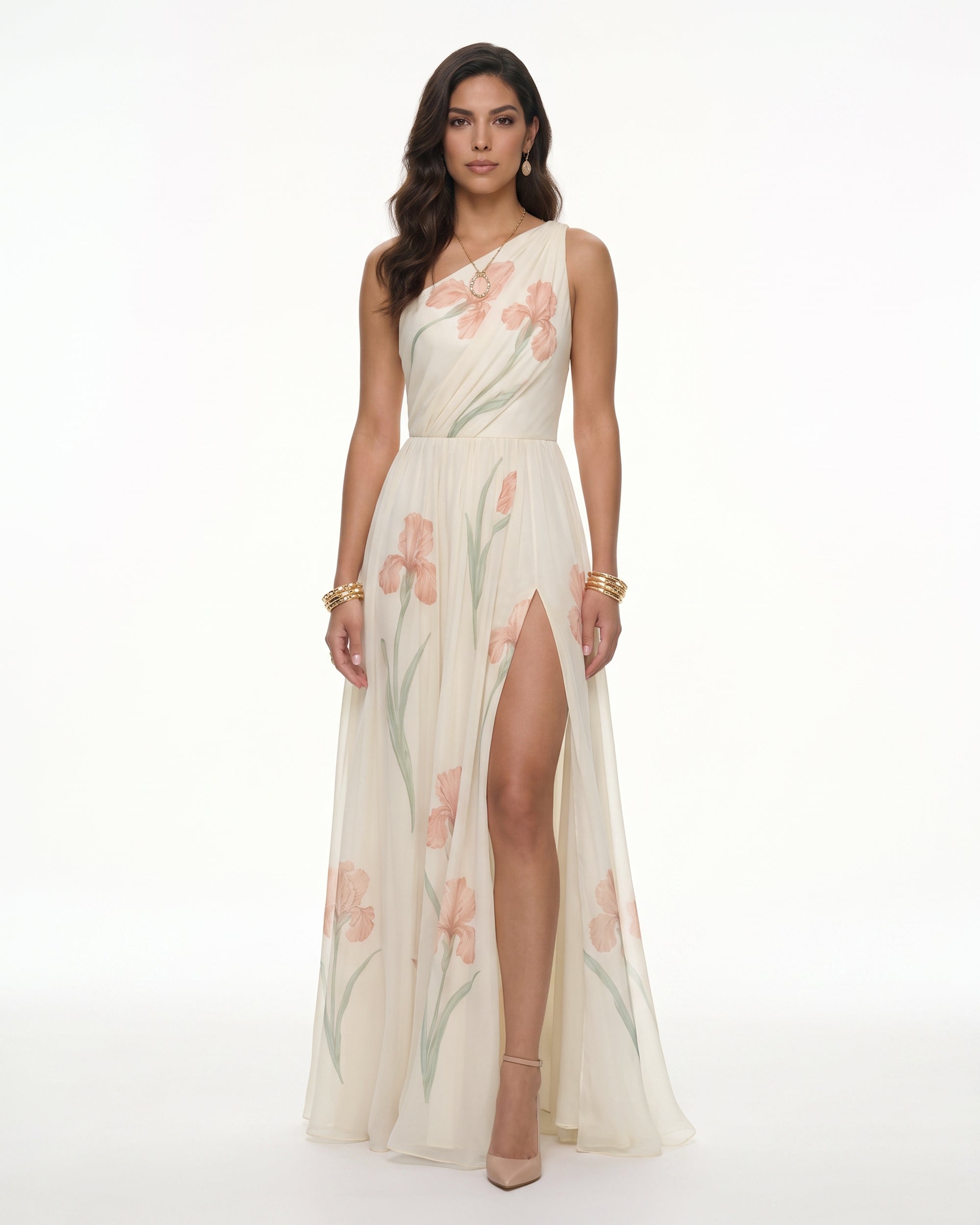 Floral One Shoulder Maxi Dress - Cream