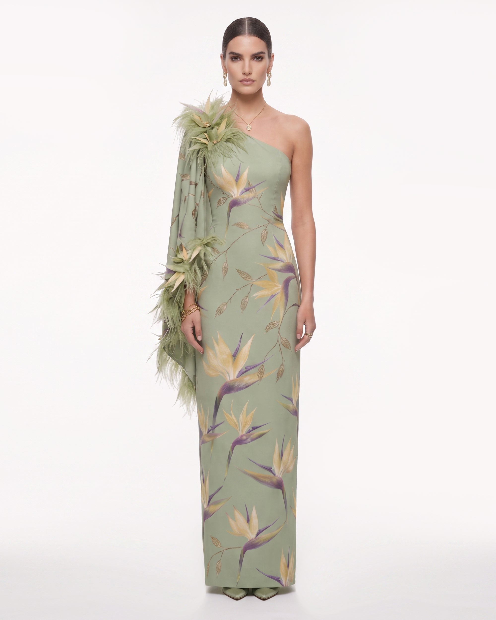 Bird of Paradise Feather-Trim One-Shoulder Maxi Dress - Green