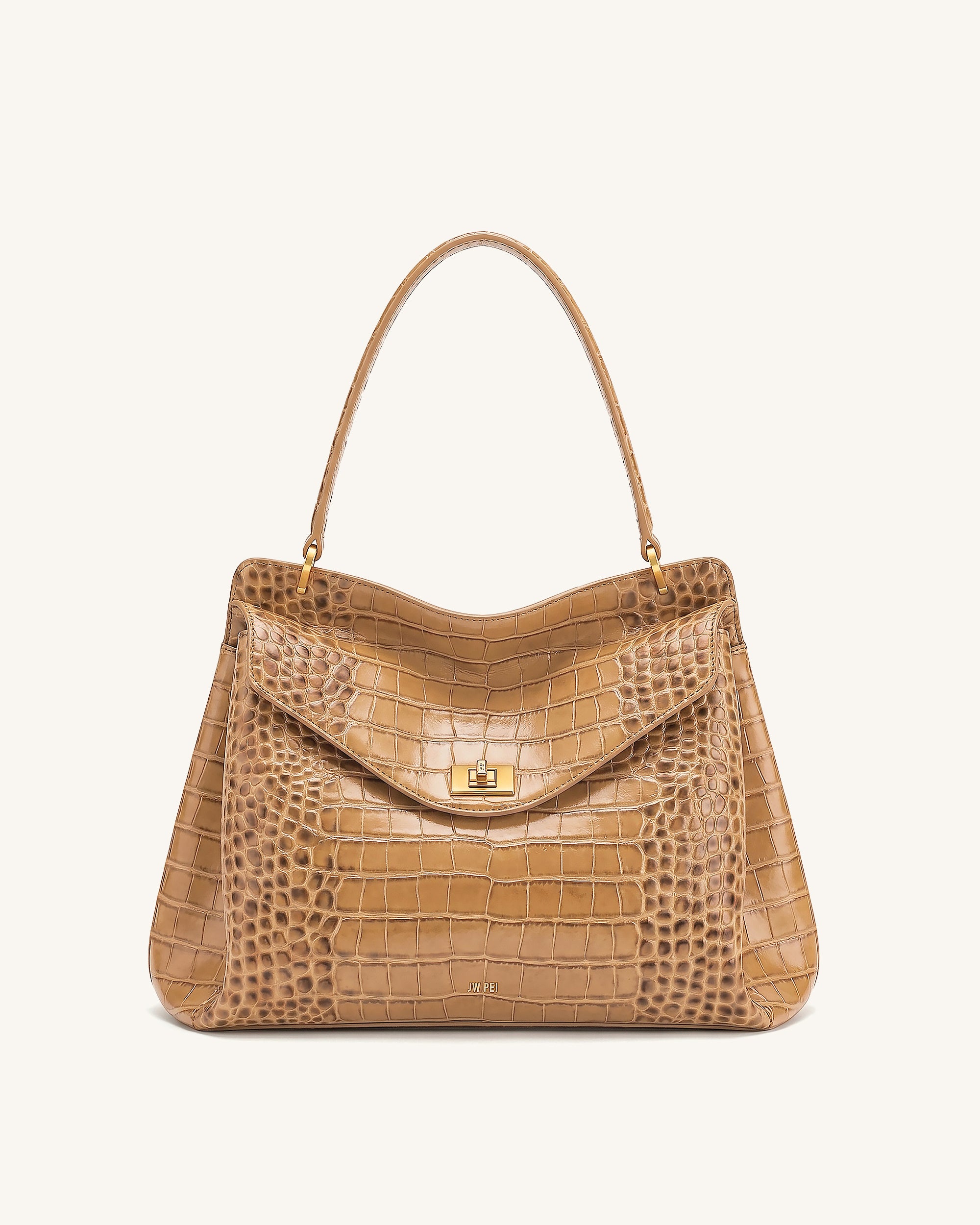 Lucia Turn-Lock Shoulder Bag - Light Brown Croc