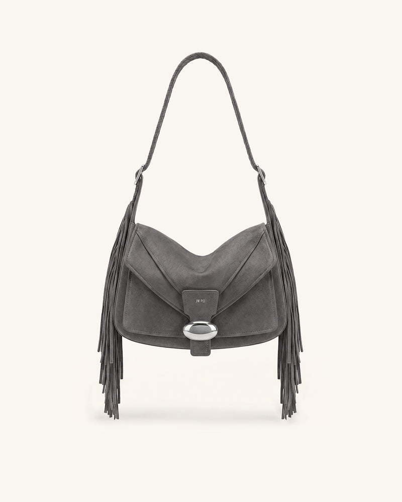 Avery Fringe Faux Suede Shoulder Bag - Gray