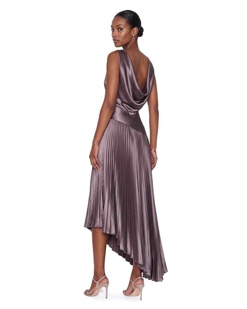 Satin Cowl-Back Pleated Asymmetric Midi Dress - Mauve