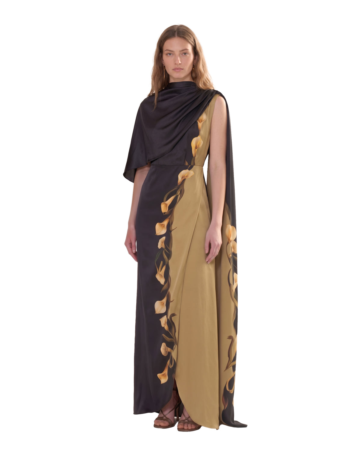 Calla Lily Printed Asymmetric Cape Satin Maxi Dress - Black Gold