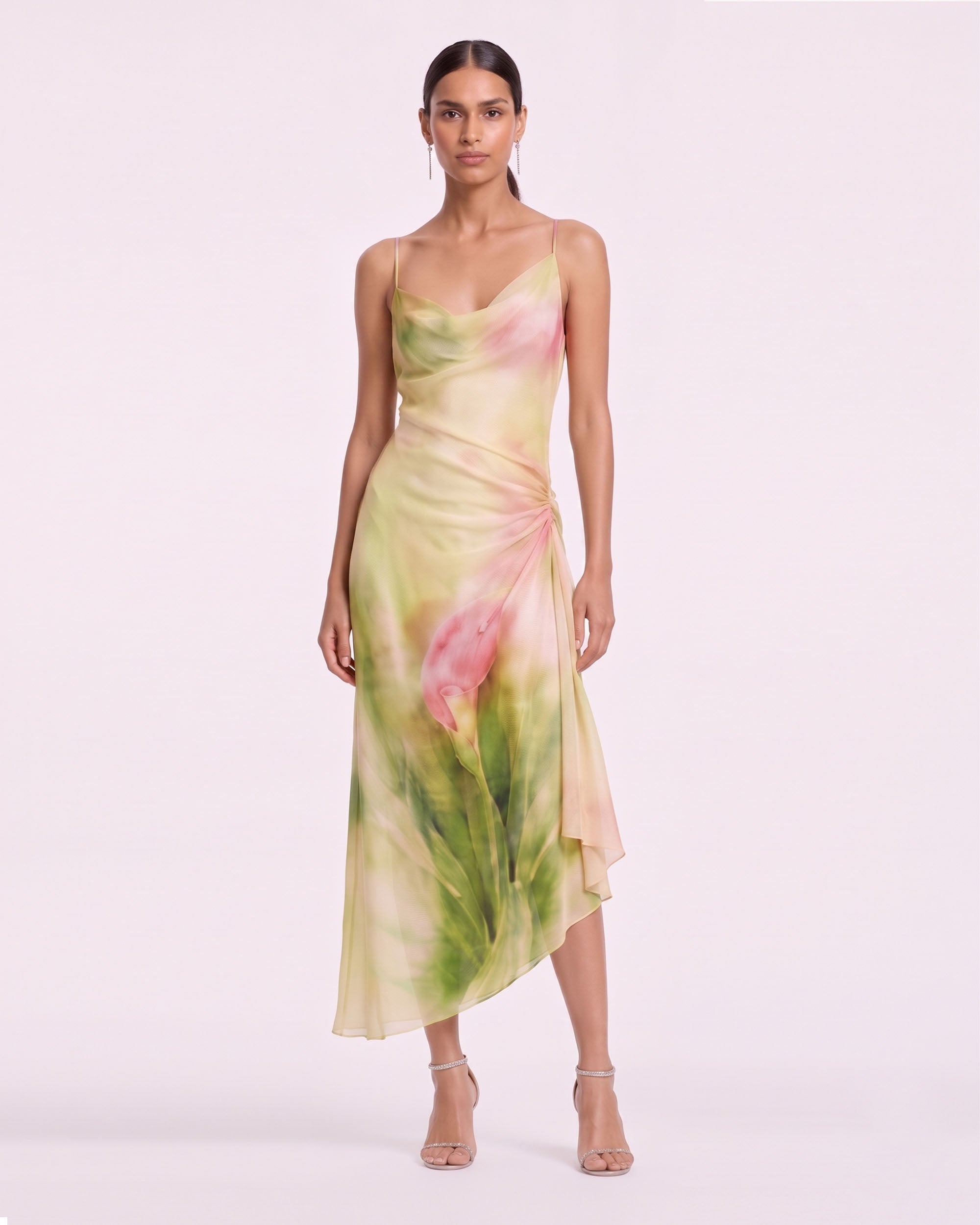 Calla Lily Cowl-Neck Ruched Midi Dress - Yellow