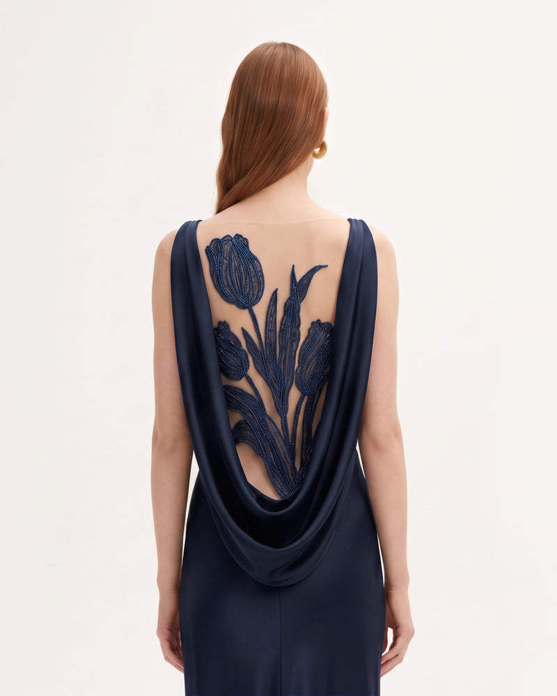 Tulip Appliqué Cowl-Back Satin Column Maxi Dress - Navy Blue