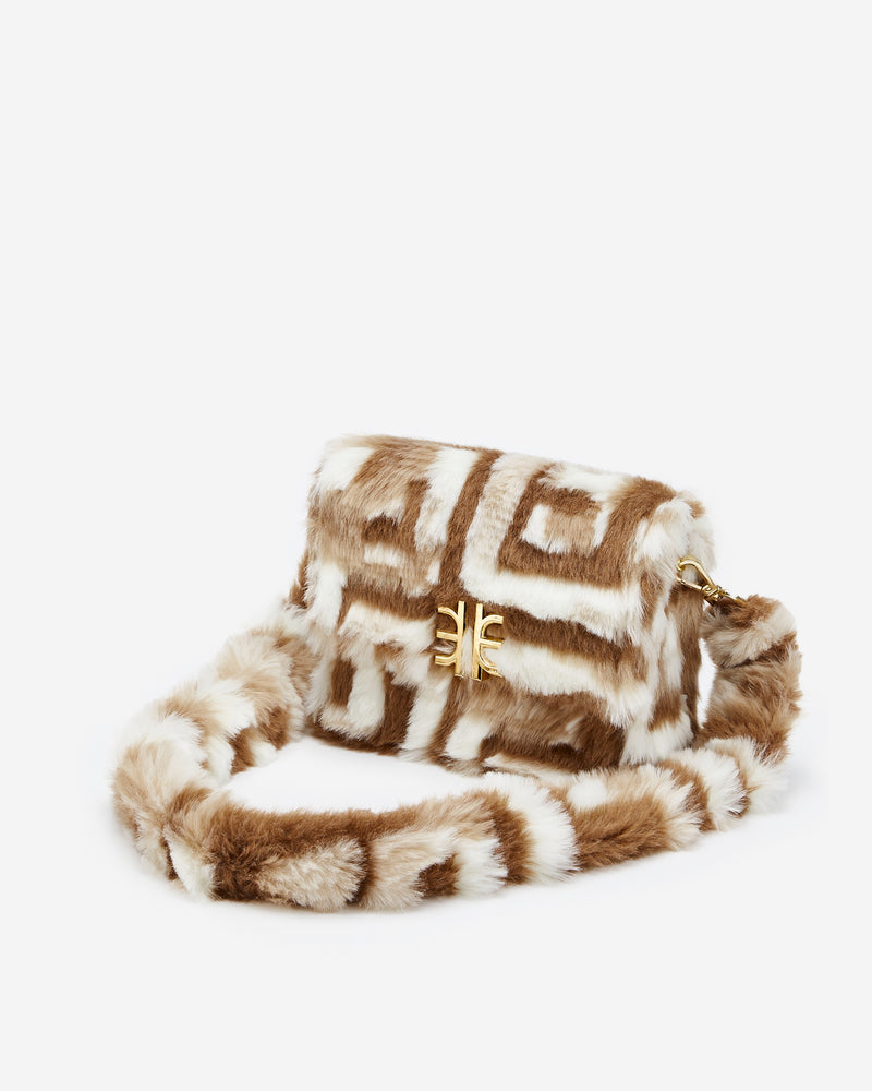 Mini Flap Faux Fur Fabric Bag - Brown
