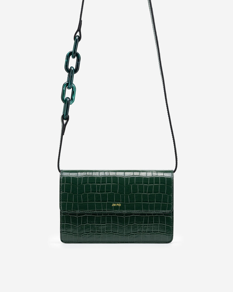 Julia Acrylic Chain Crossbody Bag - Dark Green Croc