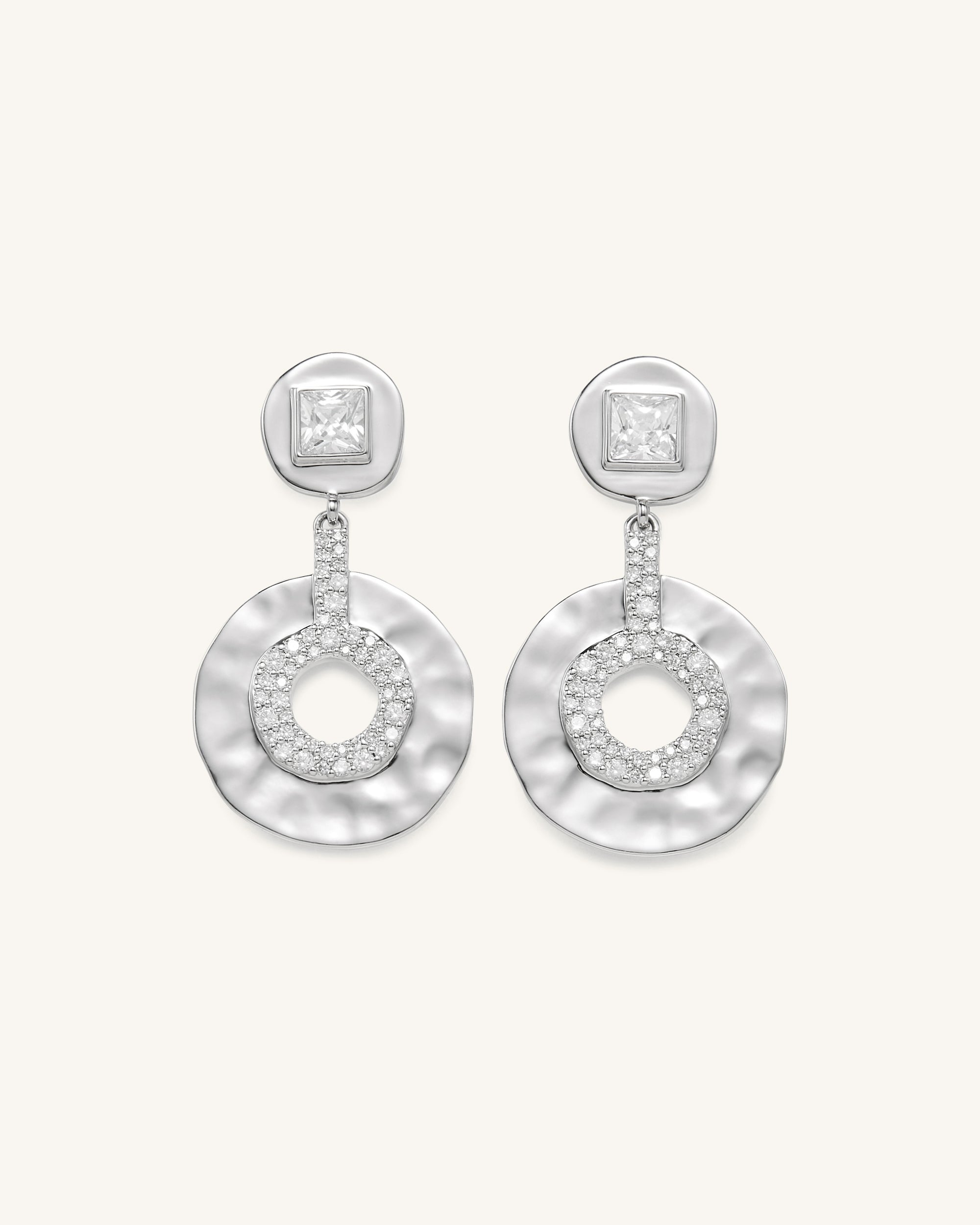 Geometrical Openwork Small Round Earrings - 18ct White Gold Plated & White Zircon