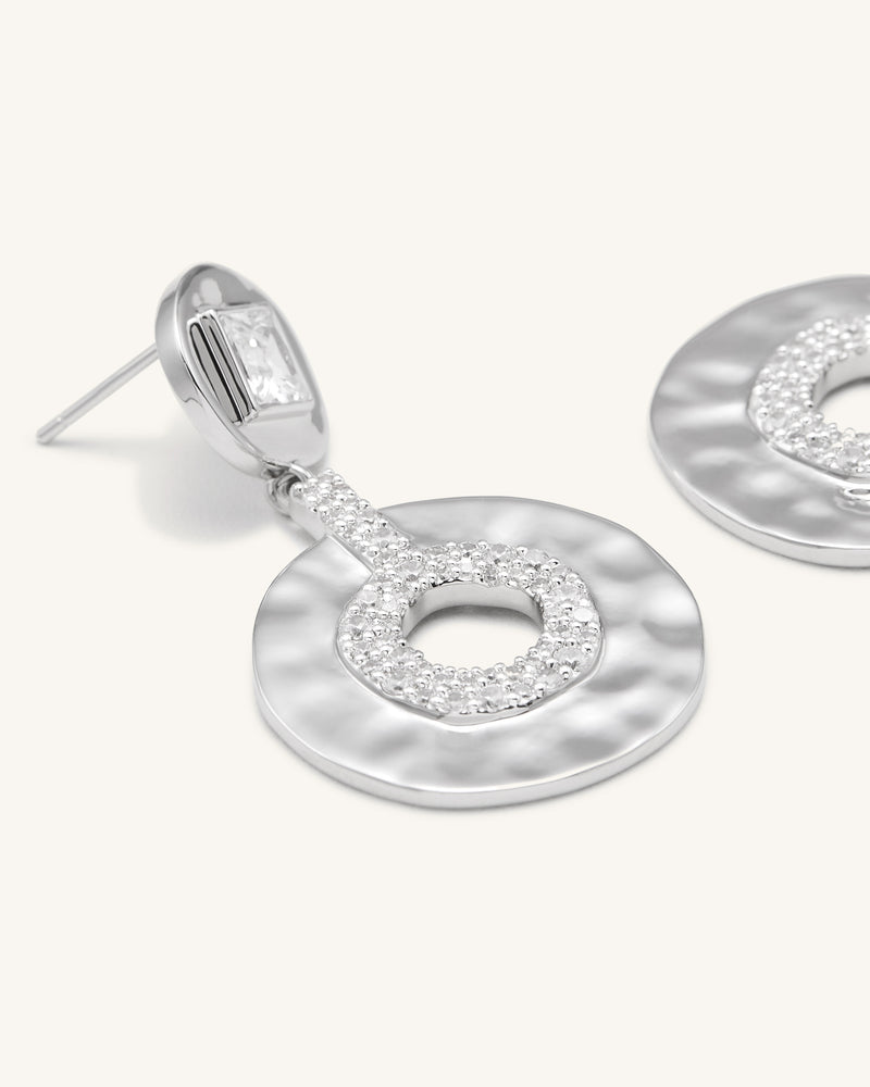 Geometrical Openwork Small Round Earrings - 18ct White Gold Plated & White Zircon